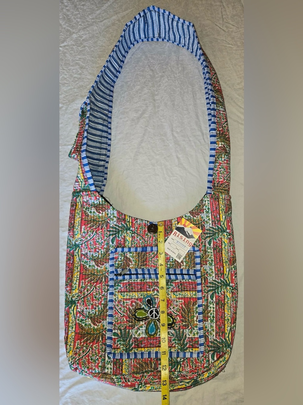 Rising International Boho Hippie Patchwork Peace Sign Hobo Bag Made in Nepal NWT
